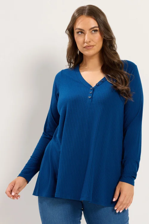 Yours Curve Blue Henley Ribbed Swing Top - 20 Image 1