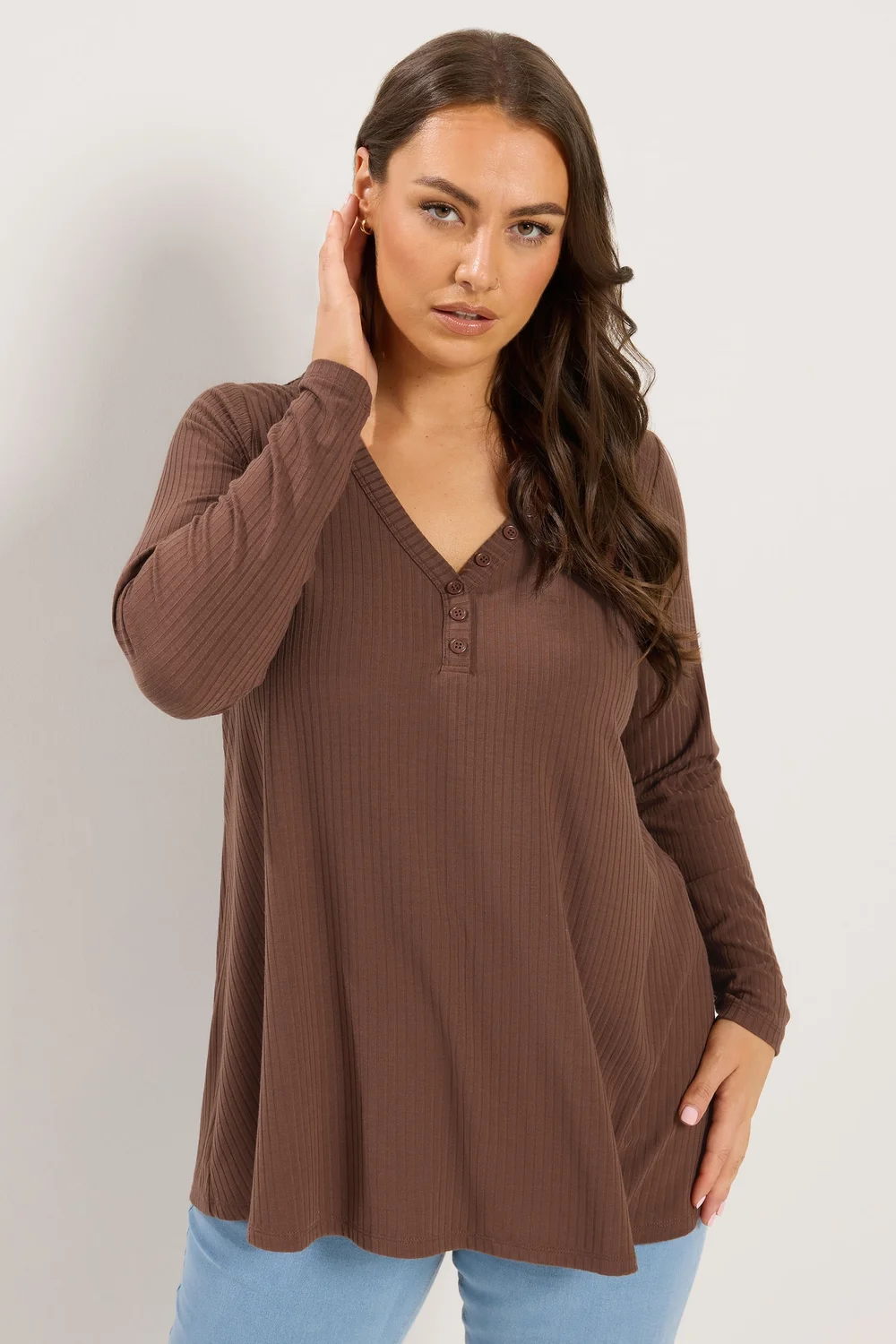 Yours Curve Chocolate Brown Henley Swing Top - 26-28 Image 1