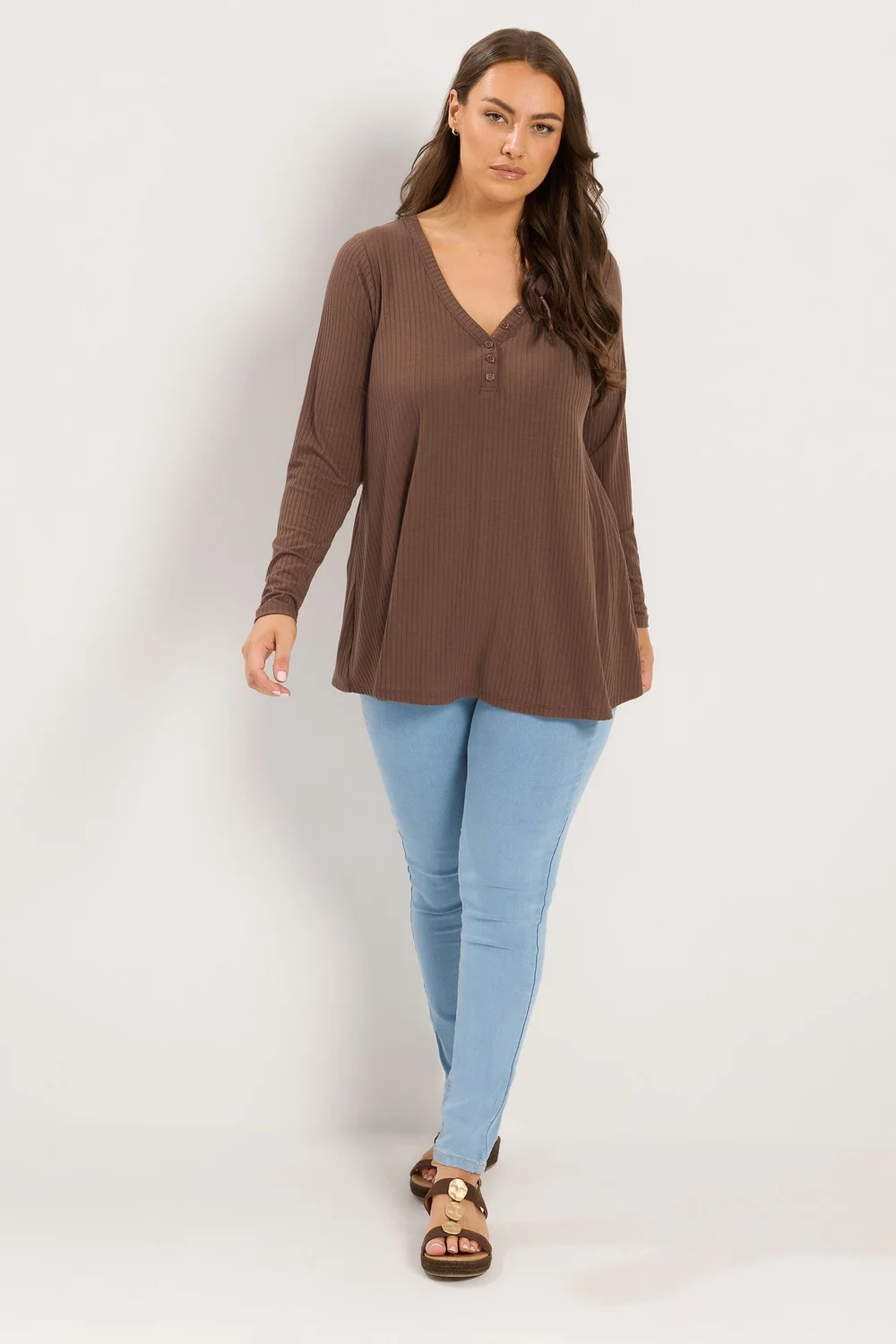 Yours Curve Chocolate Brown Henley Swing Top - 26-28 Image 2