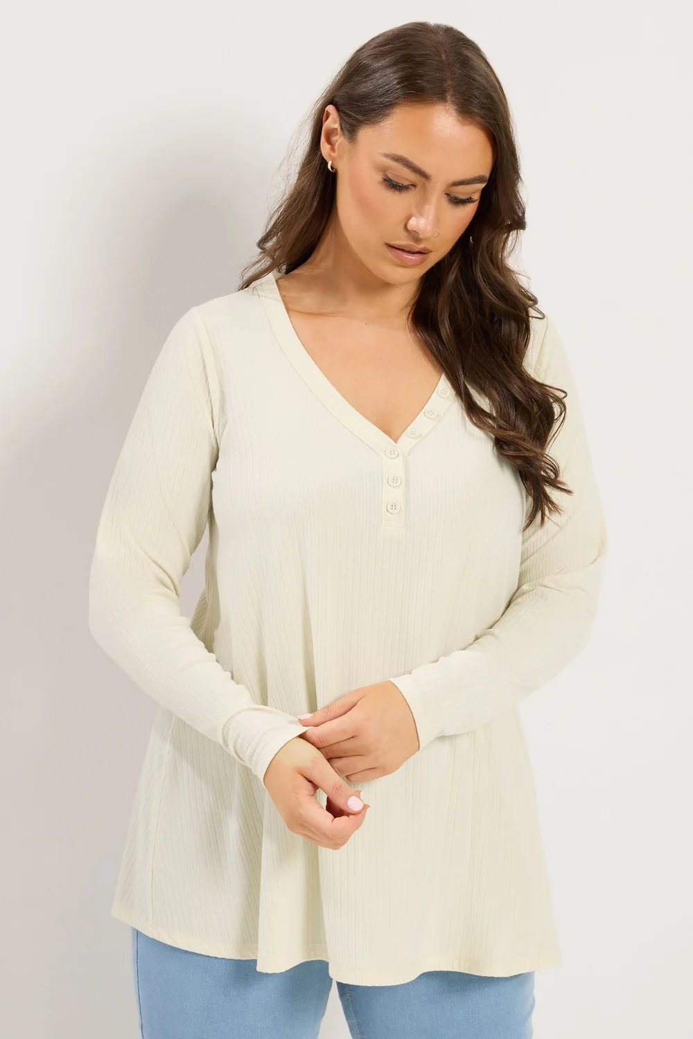 Yours Curve Cream Henley Swing Top - 22-24 Image 1