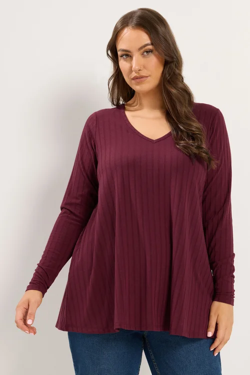 Yours Curve Red Plunge Neck Ribbed T-Shirt - 16 Image 1