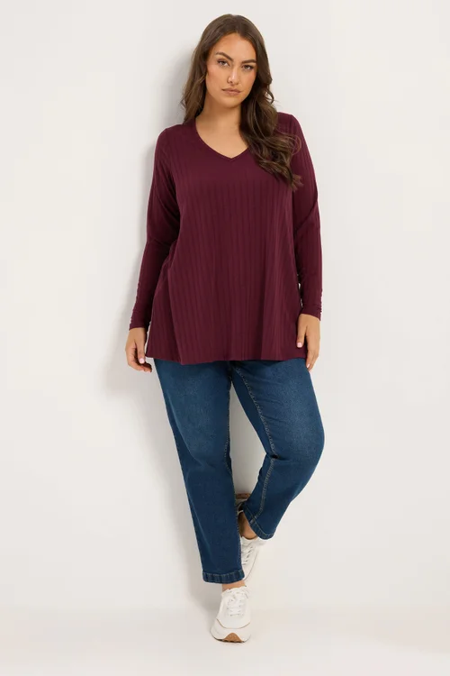 Yours Curve Red Plunge Neck Ribbed T-Shirt - 16 Image 2