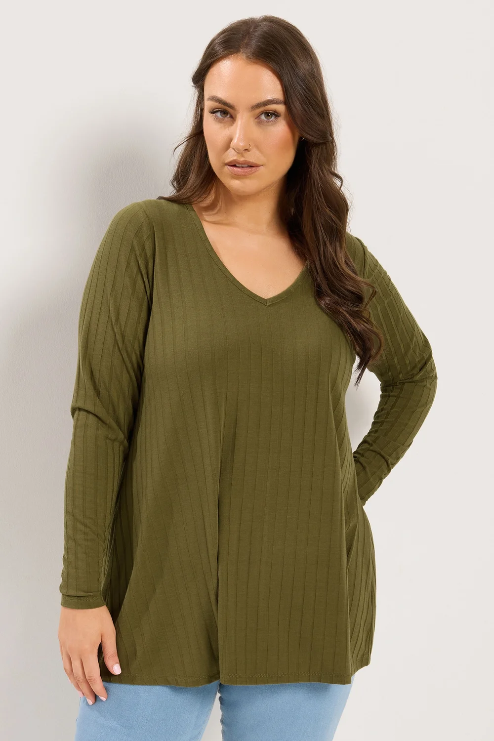 Yours Curve Khaki Green Plunge Neck T-Shirt - 22-24 Image 1