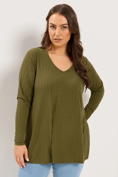 Yours Curve Khaki Green Plunge Neck T-Shirt - 22-24 Image 1