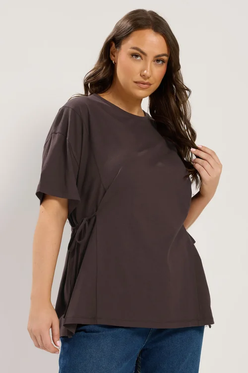 Yours Curve Chocolate Brown Side Tie T-Shirt - 34-36 Image 1