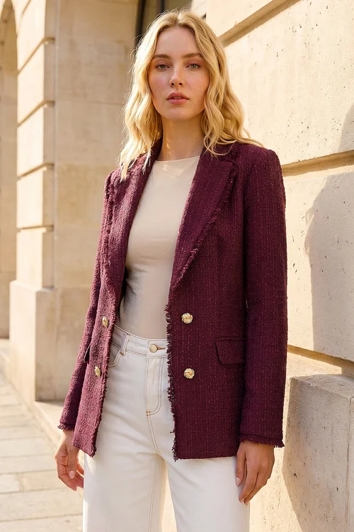 Roman Burgundy Port Frayed Edge Boucle Jacket - 20 Image 1
