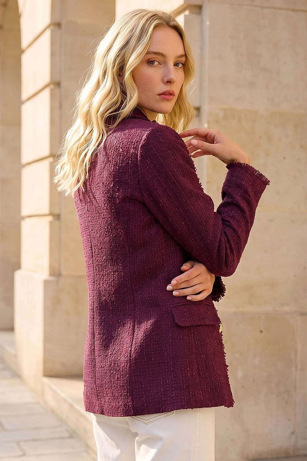 Roman Burgundy Port Frayed Edge Boucle Jacket - 20 Image 3