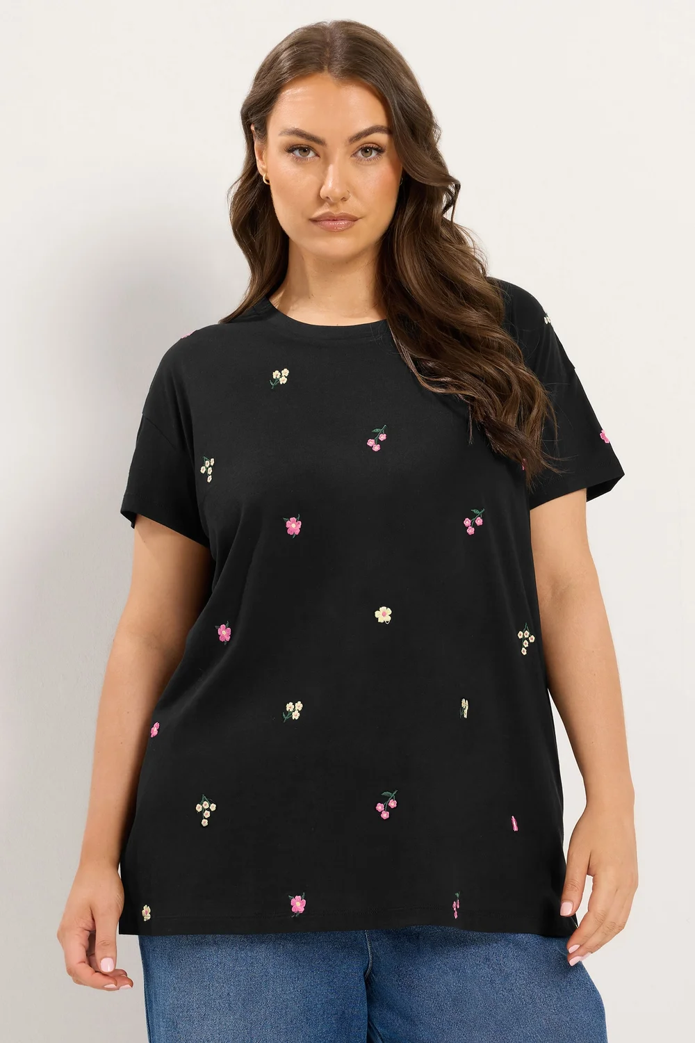 Yours Curve Black Embroidered Blossom T-Shirt - 18 Image 1