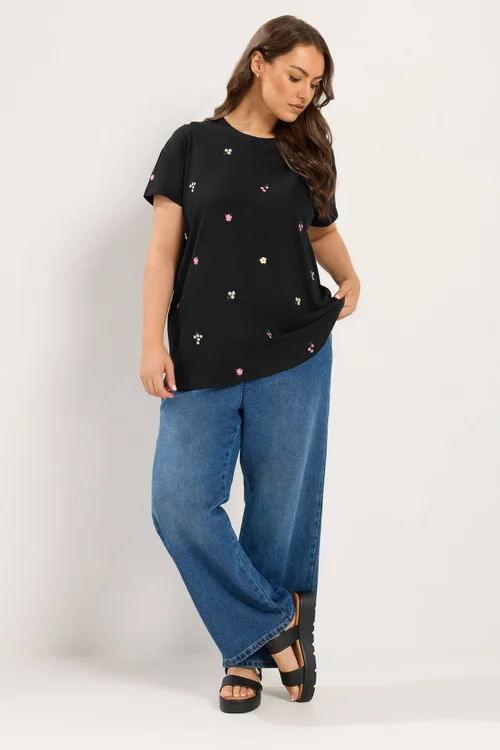 Yours Curve Black Embroidered Blossom T-Shirt - 18 Image 3