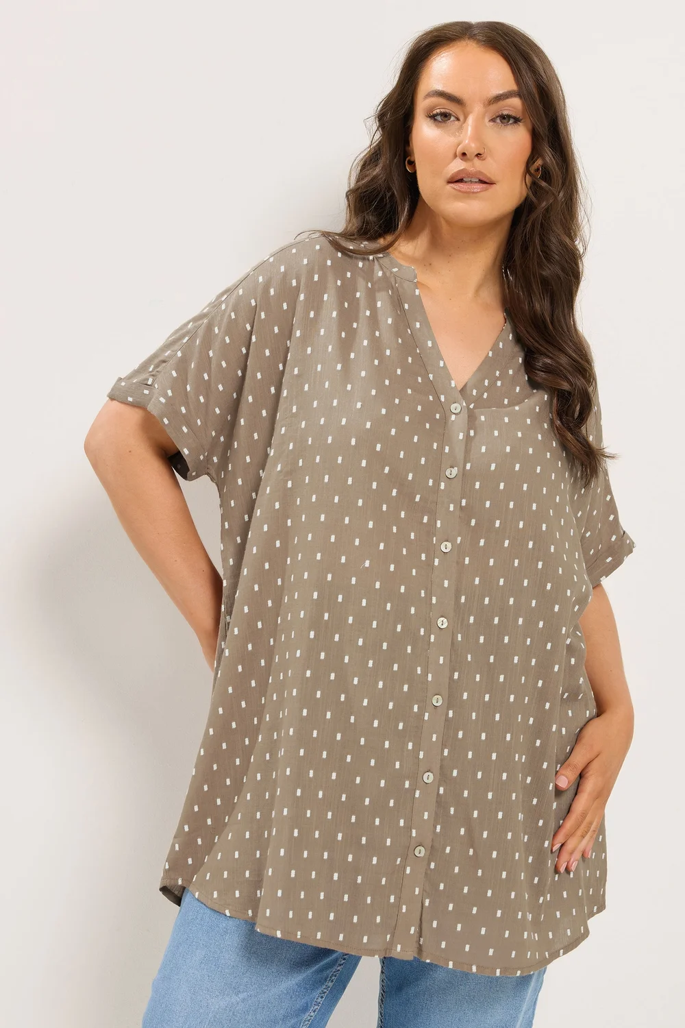 Yours Curve Mocha Brown Notch Neck Dobby Blouse - 18 Image 1