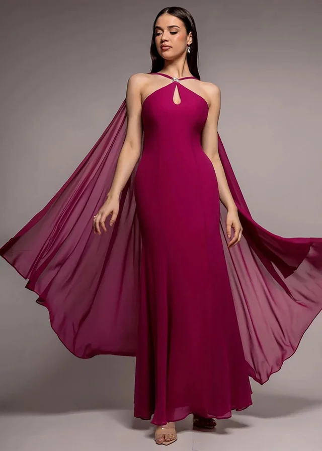 Goddiva Magenta Multiway Cape Chiffon With Embellished Trim Maxi Dress