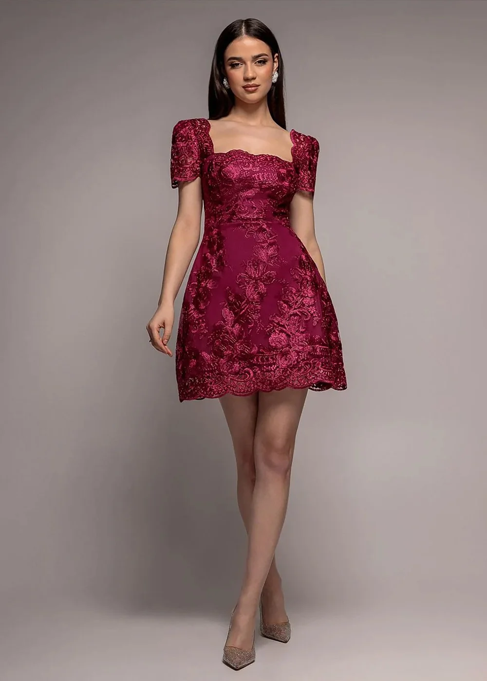 Goddiva Burgundy Scallop Edge Corset Back Structured Lace Mini Dress - 16 Image 1