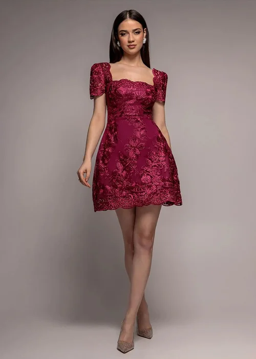 Goddiva Burgundy Scallop Edge Corset Back Structured Lace Mini Dress - 16 Image 1