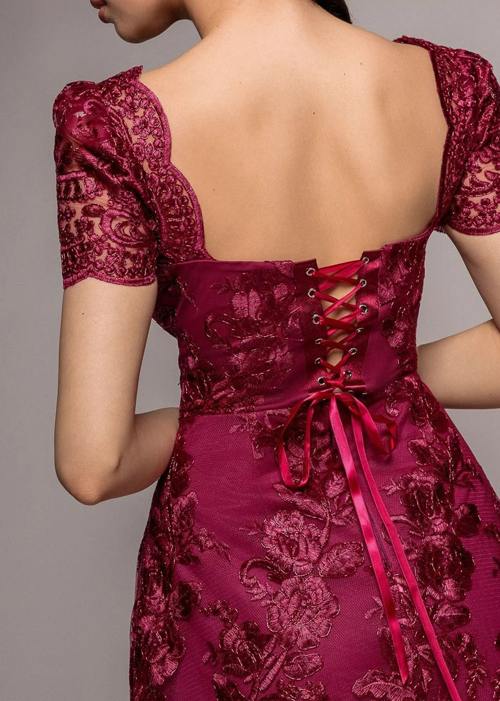 Goddiva Burgundy Scallop Edge Corset Back Structured Lace Mini Dress - 16 Image 3