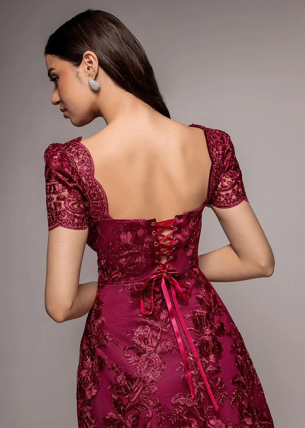 Goddiva Burgundy Scallop Edge Corset Back Structured Lace Mini Dress - 16 Image 4