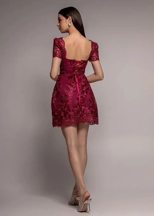 Goddiva Burgundy Scallop Edge Corset Back Structured Lace Mini Dress - 16 Image 2