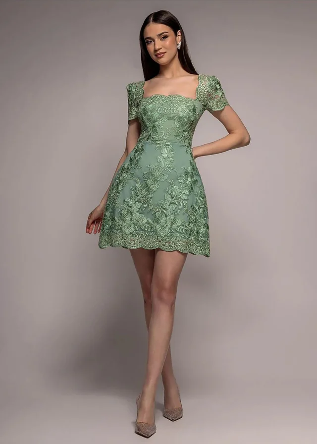 Goddiva Sage Green Scallop Edge Corset Back Structured Lace Mini Dress
