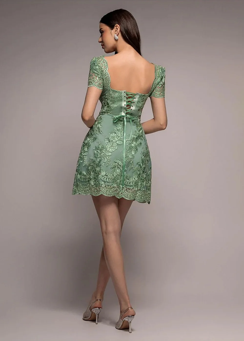 Goddiva Sage Green Scallop Edge Corset Back Structured Lace Mini Dress - 10 Image 2