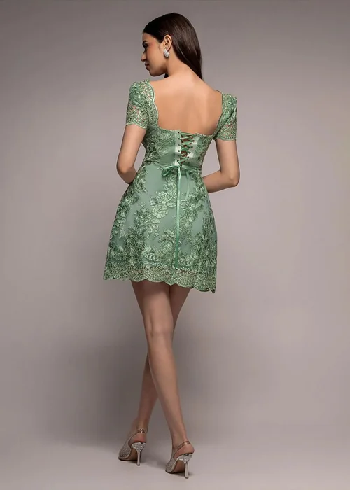 Goddiva Sage Green Scallop Edge Corset Back Structured Lace Mini Dress - 10 Image 2