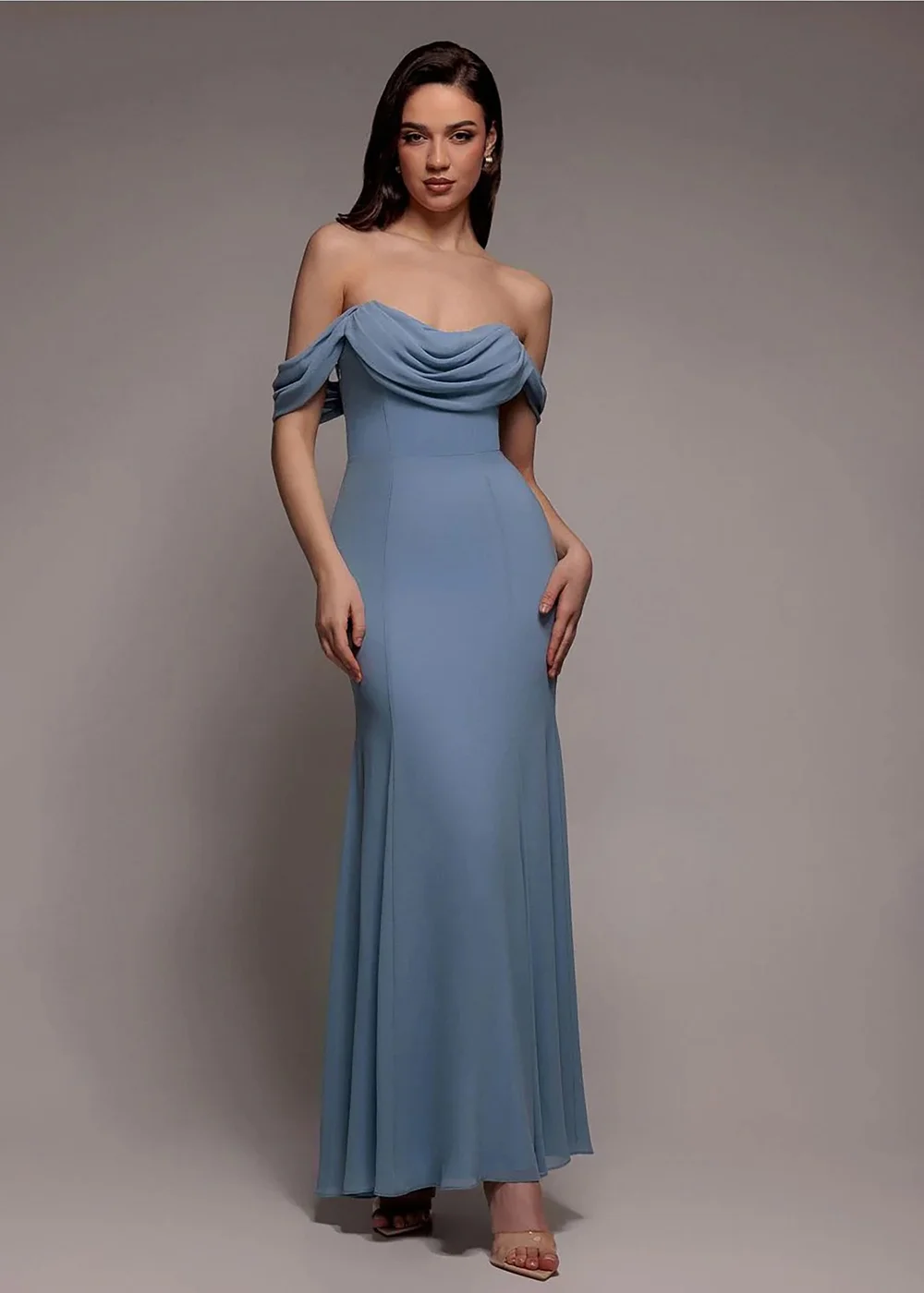 Goddiva Dusky Blue Chiffon Bardot Cowl Neck Maxi Dress - 8 Image 1