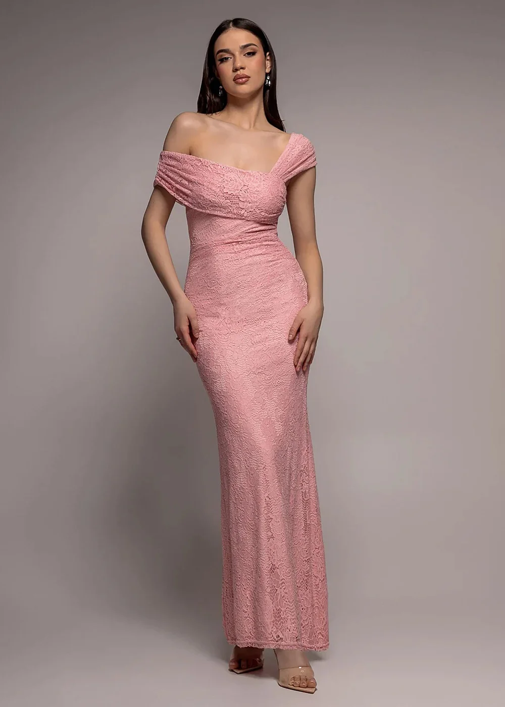 Goddiva Blush One Shoulder Pleated Bardot Lace Maxi Dress - 14 Image 1