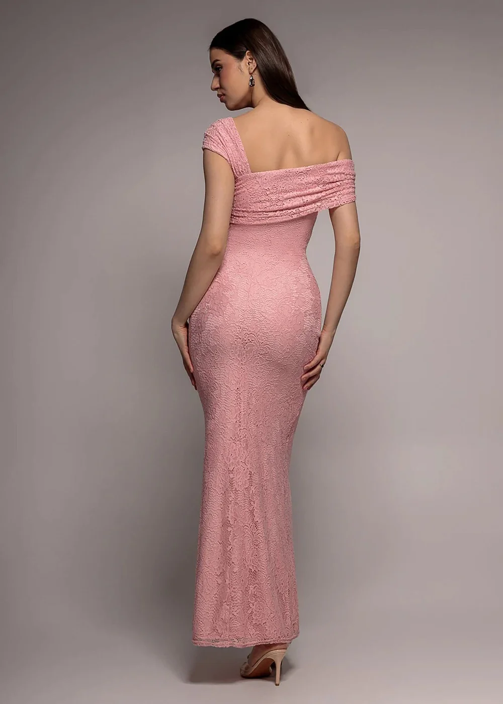 Goddiva Blush One Shoulder Pleated Bardot Lace Maxi Dress - 14 Image 2