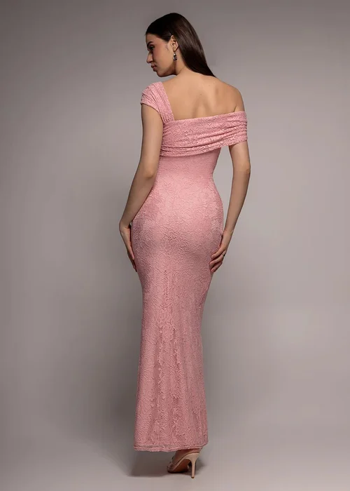 Goddiva Blush One Shoulder Pleated Bardot Lace Maxi Dress - 14 Image 2