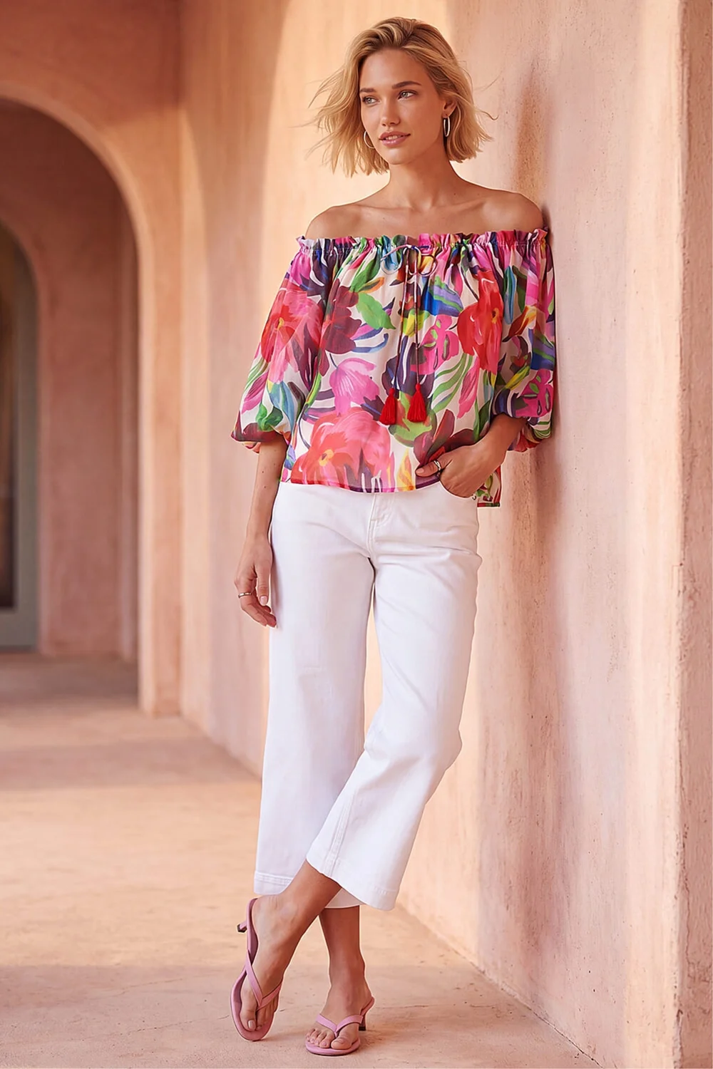 Roman Multi Floral Print Tie Front Bardot Top - 16 Image 2