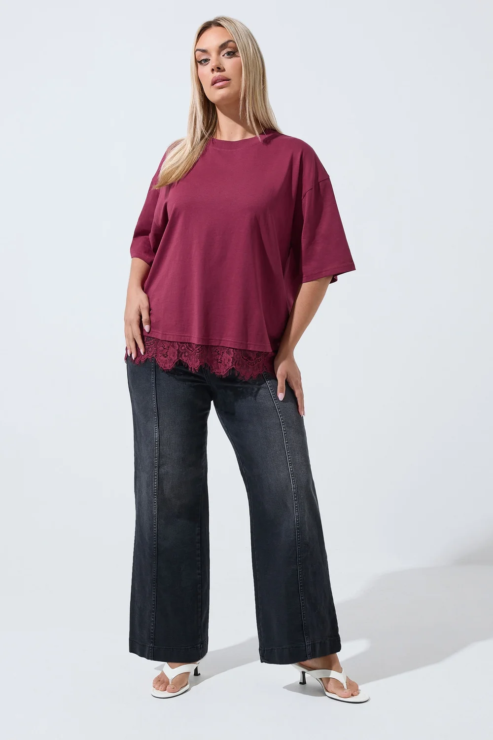 Yours Limited Curve Burgundy Red Oversized Lace Hem T-Shirt - 14 Image 4