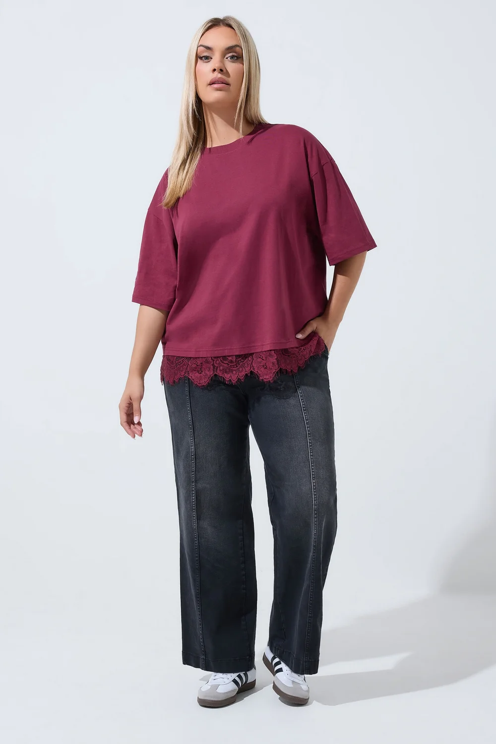 Yours Limited Curve Burgundy Red Oversized Lace Hem T-Shirt - 14 Image 3