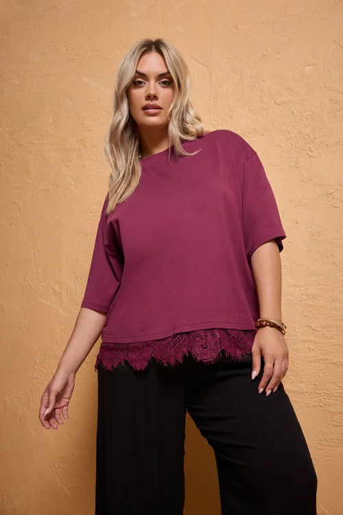 Yours Limited Curve Burgundy Red Oversized Lace Hem T-Shirt - 14 Image 1