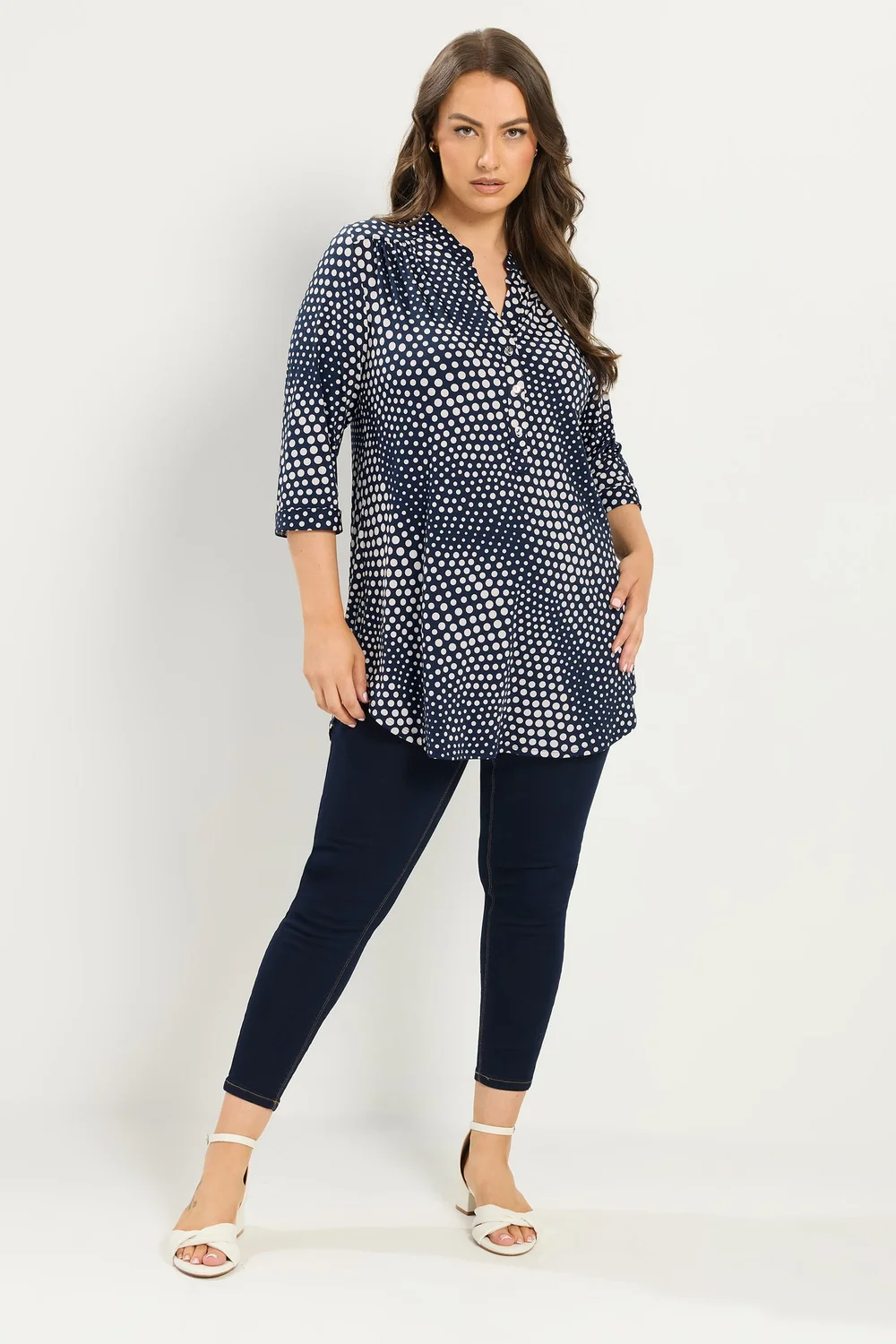 Yours Curve Navy Blue Polka Dot Half Placket Shirt - 26-28 Image 2