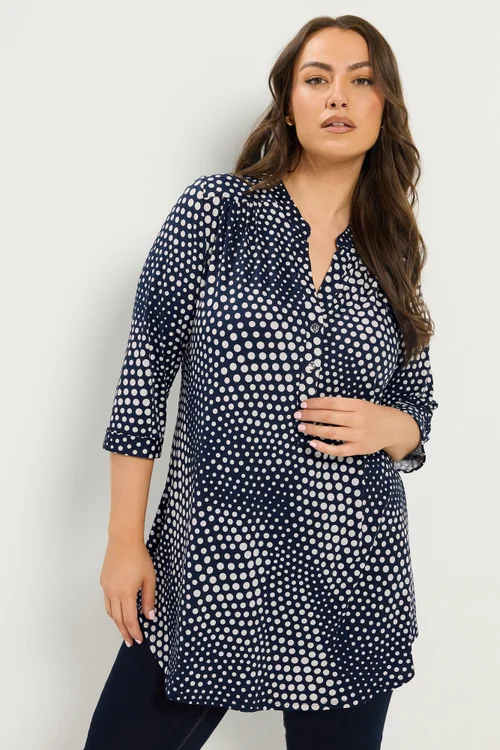 Yours Curve Navy Blue Polka Dot Half Placket Shirt - 26-28 Image 1