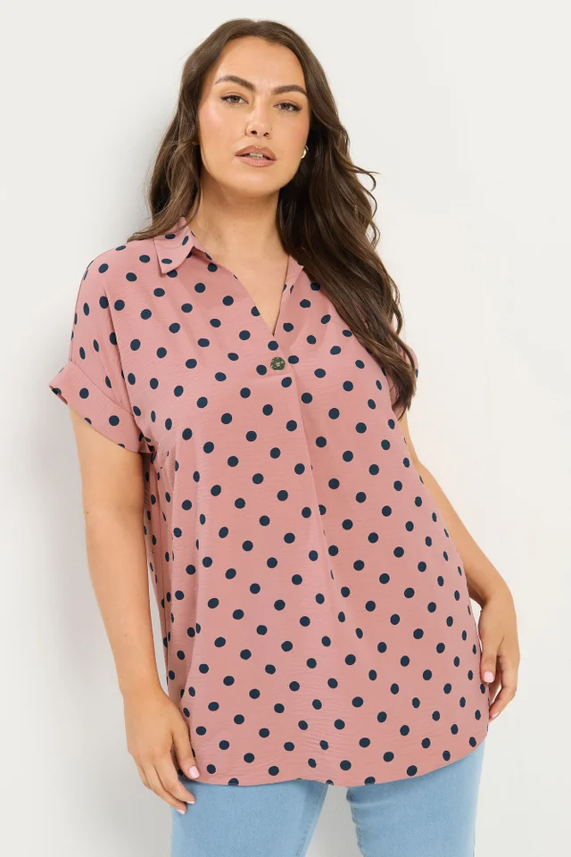 Yours Curve Pink Polka Dot Pleat Front Shirt