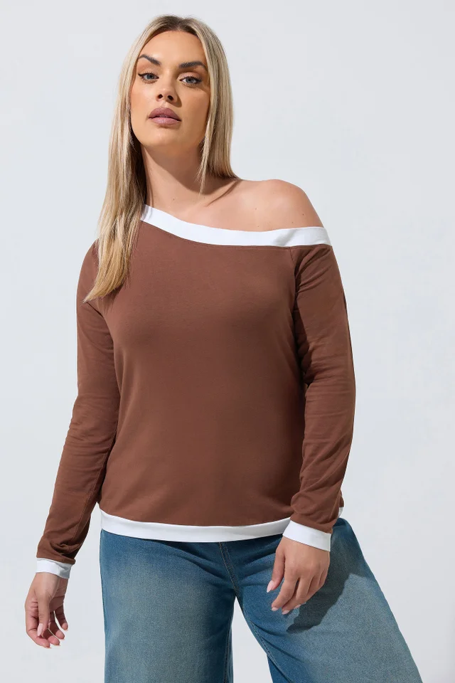Yours Limited Collection Curve Chocolate Brown Contrast Off Shoulder Top