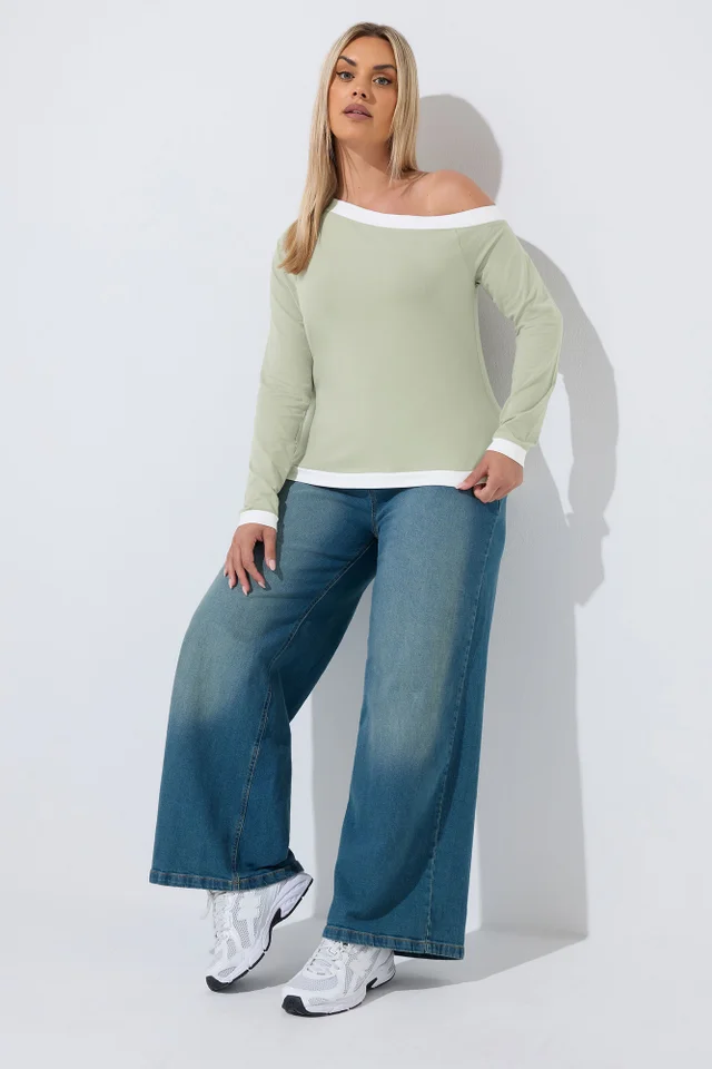 Yours Limited Collection Curve Sage Green Contrast Off Shoulder Top
