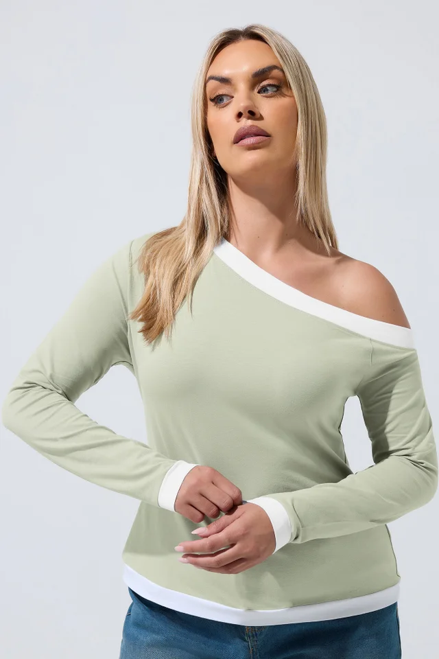 Yours Limited Collection Curve Sage Green Contrast Off Shoulder Top