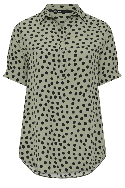 Yours Curve Khaki Green Polka Dot Half Placket Shirt - 20 Image 5