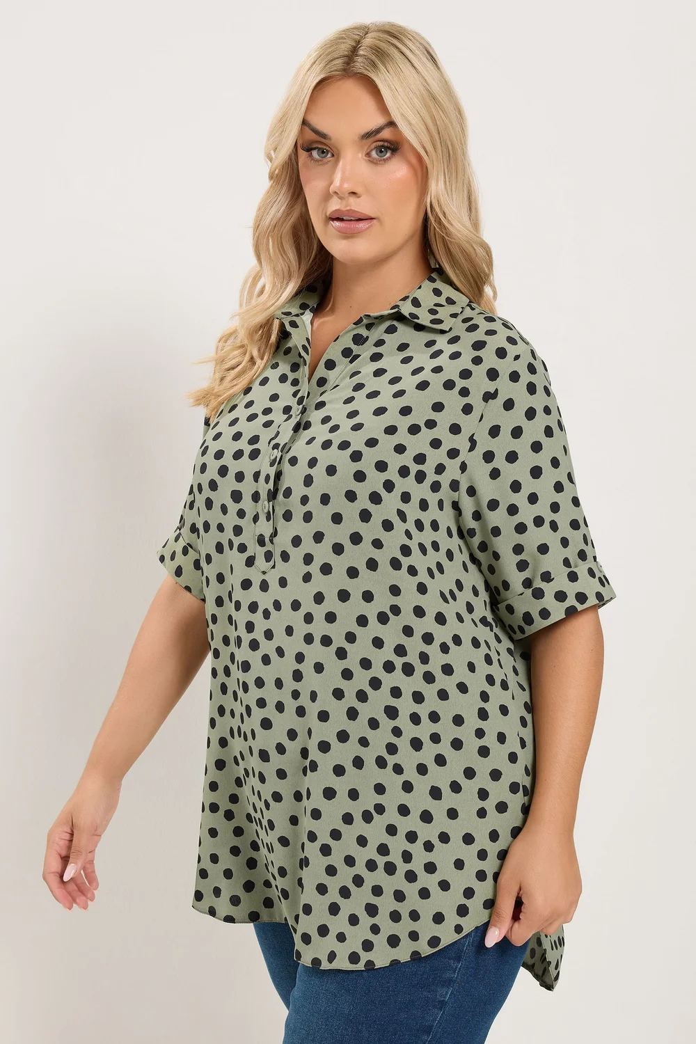 Yours Curve Khaki Green Polka Dot Half Placket Shirt - 20 Image 1