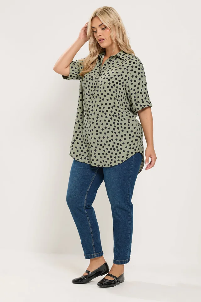 Yours Curve Khaki Green Polka Dot Half Placket Shirt