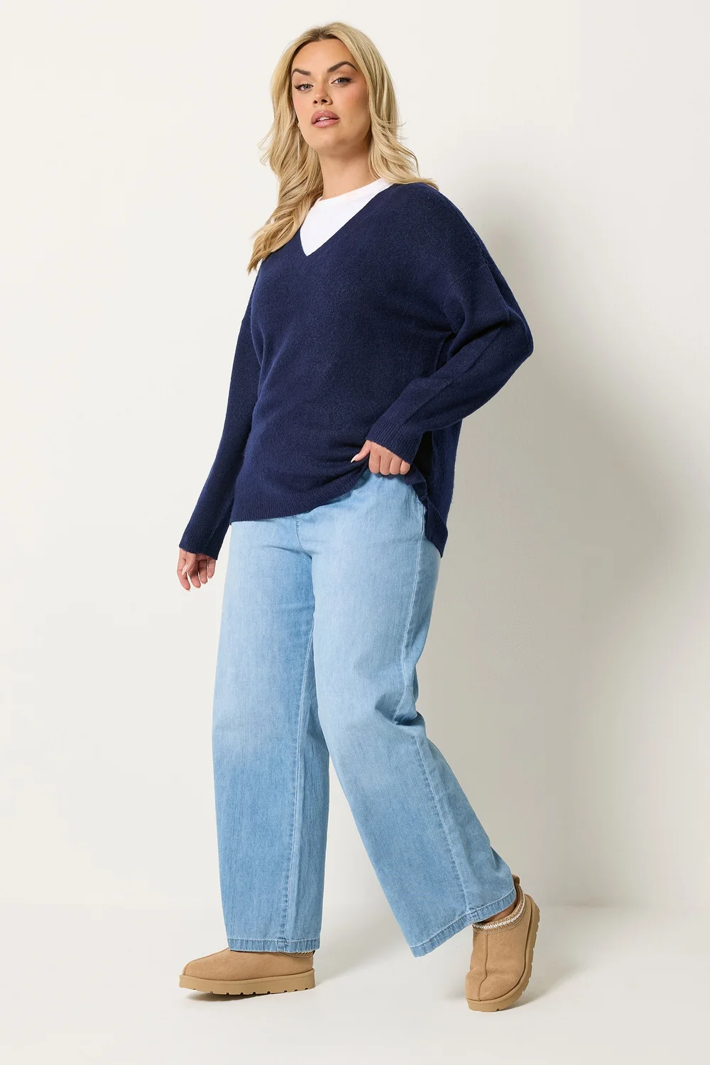 Yours Curve Navy Blue V-Neck Soft Touch Jumper - 18-20 Image 2