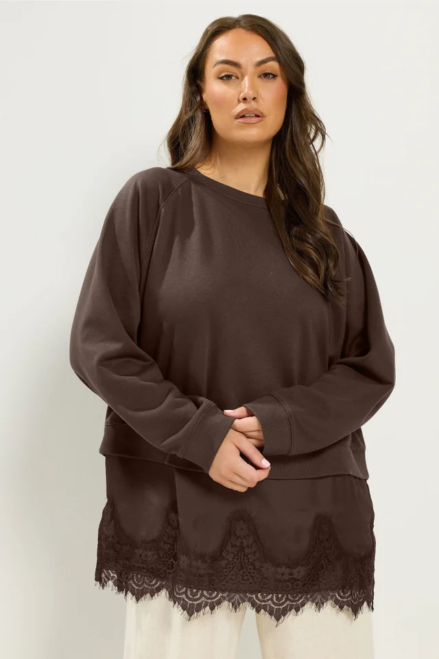 Yours Curve Chocolate Brown Lace 2-In-1 Jumper