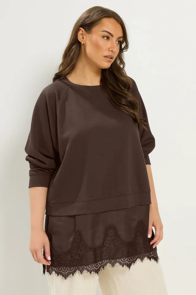Yours Curve Chocolate Brown Lace 2-In-1 Jumper