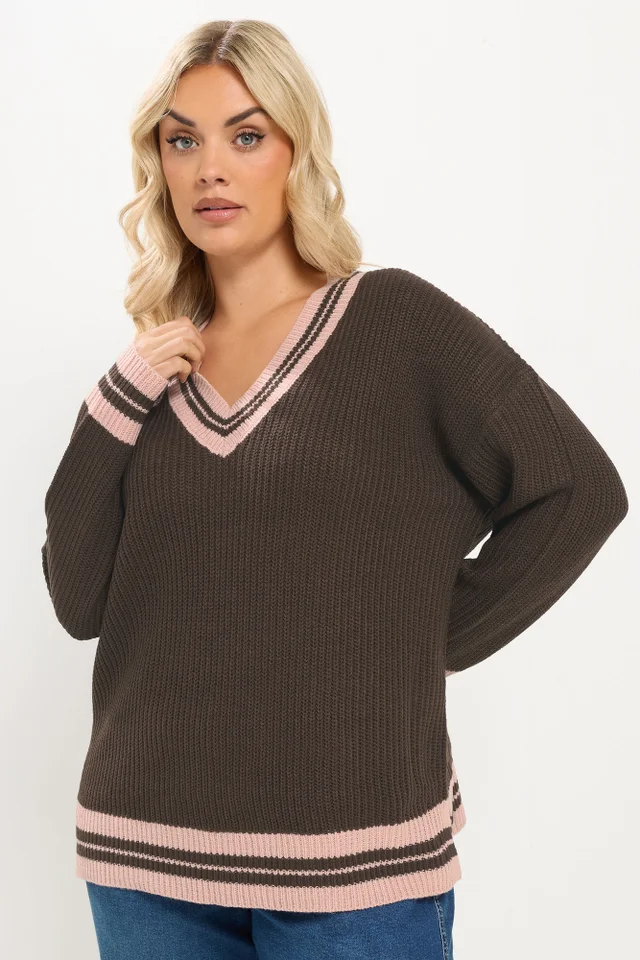 Yours Curve Chocolate Brown Contrast Knitted Jumper