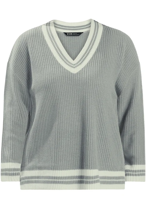 Yours Curve Grey & White Knitted Tennis Jumper - 26-28 Image 5