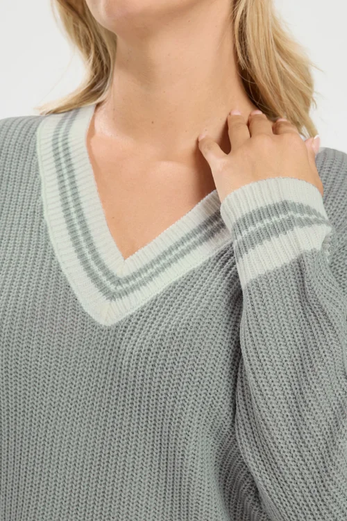 Yours Curve Grey & White Knitted Tennis Jumper - 26-28 Image 4