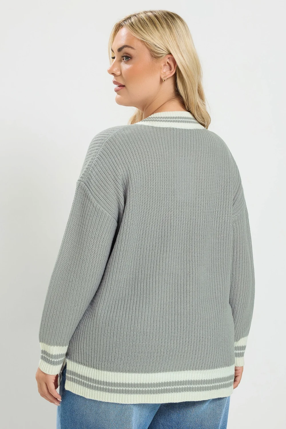 Yours Curve Grey & White Knitted Tennis Jumper - 26-28 Image 3