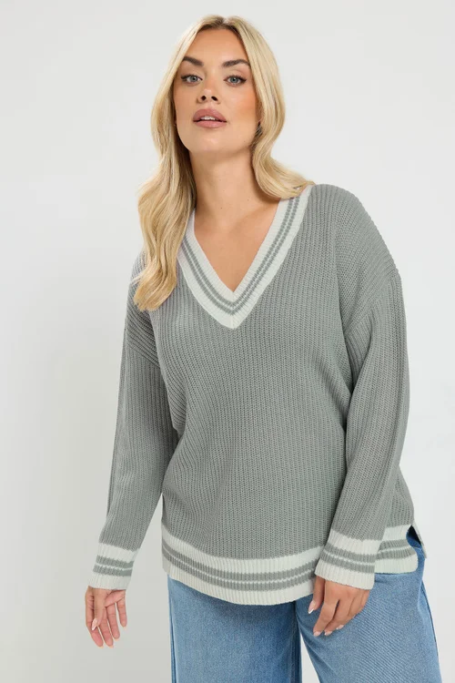 Yours Curve Grey & White Knitted Tennis Jumper - 26-28 Image 1