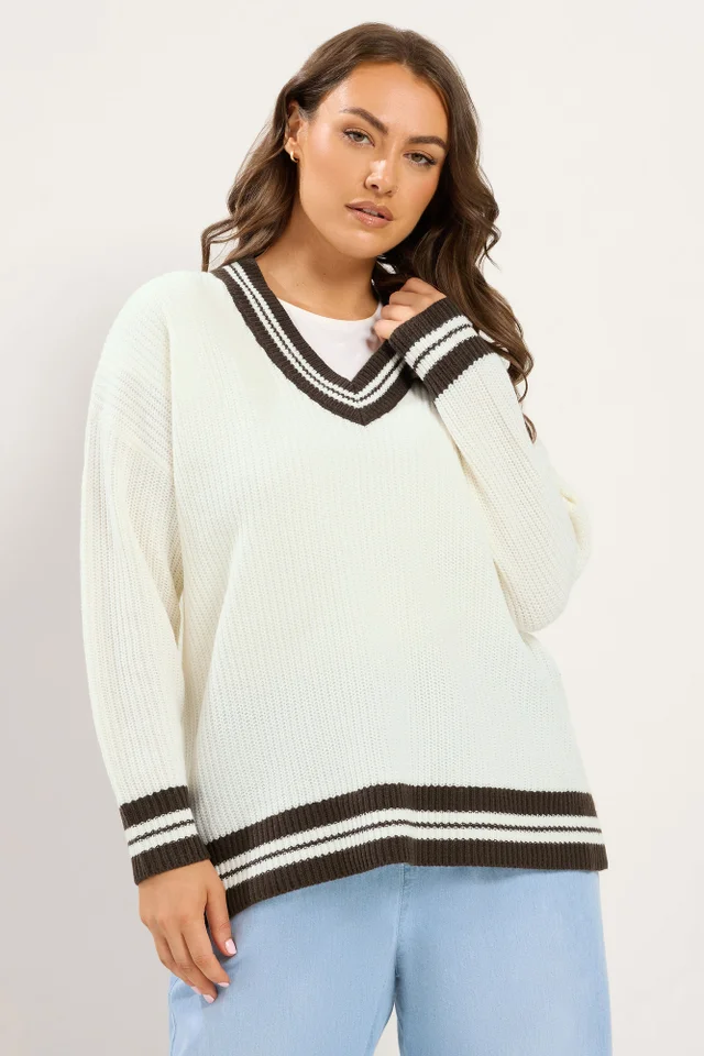 Yours Curve White & Brown Knitted Tennis Jumper