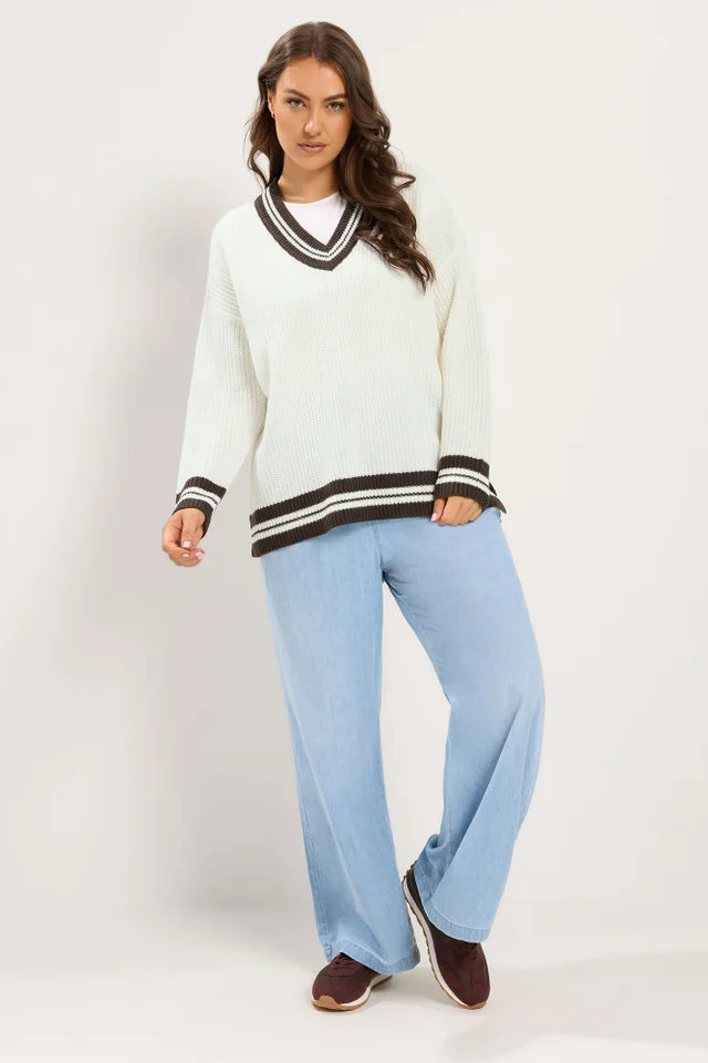 Yours Curve White & Brown Knitted Tennis Jumper
